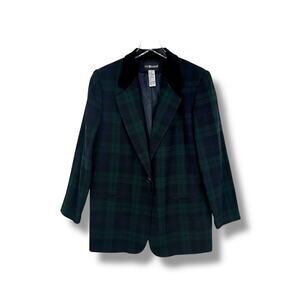 Vintage Sag Harbor blazer women's 12 wool blend tartan plaid velvet green black
